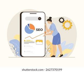 Conceito de otimização do mecanismo de pesquisa do site. SEO do site otimizado para pesquisa móvel. Análises de sites da internet. Ilustração de vetor plano.	
