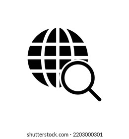 Website search icon with globe and magnifying glass in black solid style