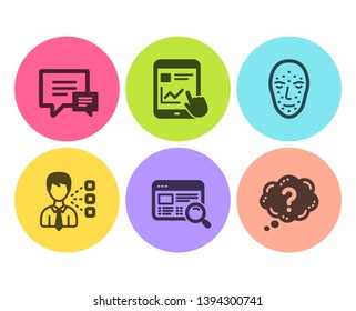 Website search, Third party and Internet report icons simple set. Comment, Face biometrics and Question mark signs. Find internet, Team leader. Technology set. Flat website search icon. Circle button