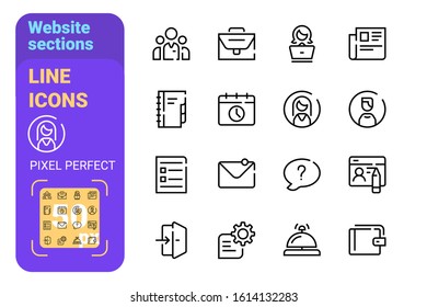 Website sections line icons set vector illustration. Collection of symbols for different parts flat style concept. Setting information and contact signs