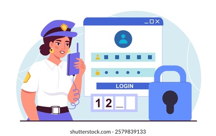 Website security concept. Woman in security guards uniform with walkie talkie near site. Login and password. Protecting personal data. Authorization and identity verification. Flat vector illustration