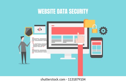 Website security, data security, Customer database flat design vector illustration with character on green background