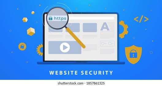 Website Security With Https SSL Certificate Encryption. Browser Window With HyperText Transfer Protocol Secure Url In Web Address Bar. Transport Layer Security, Advantage TLS. Flat Vector Illustration