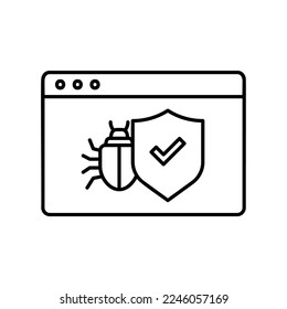 Website security icon from bugs, malware and computer viruses attack showing browser and shield in black outline style