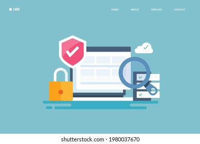 Website security, mobile security, data protection, website encryption, secure content - conceptual vector landing page illustration with icons