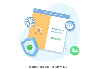 website security system concept. user login to secure website. website access. user information data protection and password. cyberspace and internet. flat vector illustration on background.
