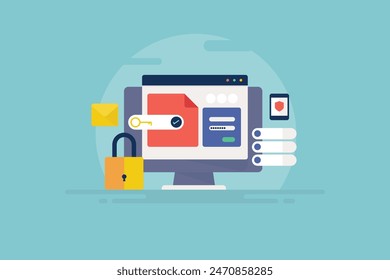 Website security system, Server security, Website data protected with password and two factor authentication - vector illustration with icons