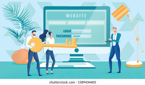 Website Security and User Authorization Creation. Cartoon People Team Characters Developing Internet Protection System. Username, Password Fields for Login on PC Monitor. Vector Flat Illustration