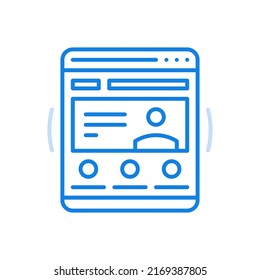 Sitio web con el icono de la línea vector del seminario. Realización de una conferencia de capacitación en línea con mensajes y preguntas. Página de sitio con información de lectura de caracteres abstractos. Invitación a la presentación corporativa.