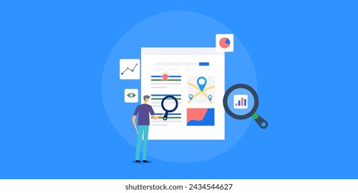 Website SEO analysis, Website ranking monitoring, SEO performance report, Business people reading Search report - vector illustration with icons and character