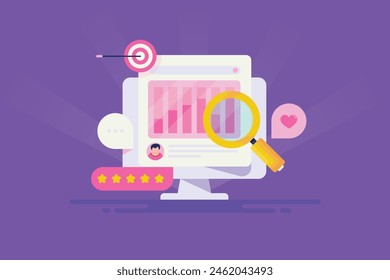 Website SEO analytics tool displaying search engine ranking, website traffic report, visitor demographics, Conversion and sales - vector illustration with icons