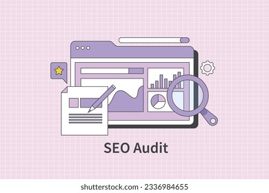 Auditoría de SEO del sitio web. Informe de análisis de sitios web. Buscar en marketing de datos. Administración de sitios web. Ilustración de vector de contorno con iconos