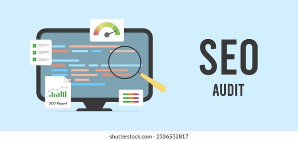 Sitio web SEO Auditoria concepto horizontal. Análisis de búsquedas en sitios web con resultados de pruebas de velocidad, experiencia del usuario y métricas de clasificación de seo