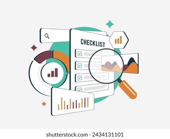 Website SEO Audit horizontales Konzept. Website-Suchanalysen mit Schnelltestergebnissen, Benutzererfahrung und SEO-Rankings-Metriken