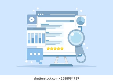 Website SEO concept, Search engine ranking, Website optimization to rank higher on search engine result pages, search engine customer reviews. Flat vector illustration on background.