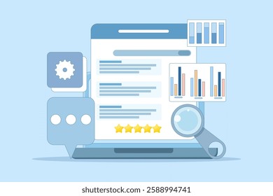 Website SEO concept, Search engine ranking, Website optimization to rank higher on search engine result pages, search engine customer reviews. Flat vector illustration on background.