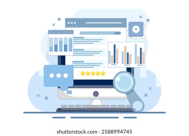 Website SEO concept, Search engine ranking, Website optimization to rank higher on search engine result pages, search engine customer reviews. Flat vector illustration on background.