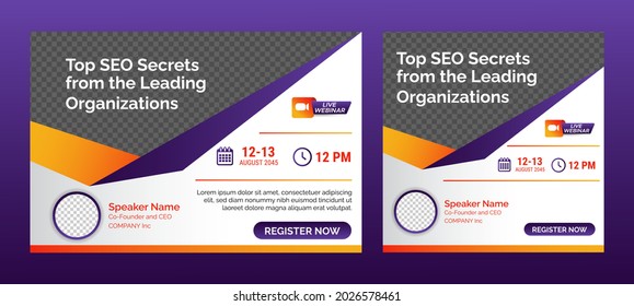 Website SEO live webinar banner invitation and social media post template. Business webinar invitation design.