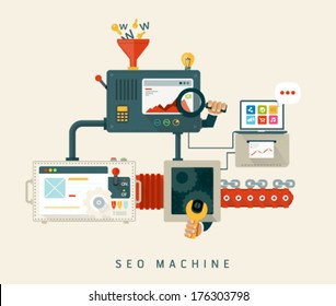 Website SEO machine, process of optimization. Flat style design