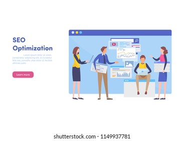 Website SEO optimization, Internet marketing, Landing page template for website for programming. Web design banner. Search Engine tools. Flat cartoon illustration vector graphic on white background.
