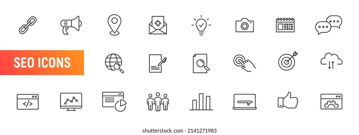 Website seo outline vector link social icon set. Seo web icon business thin video media service