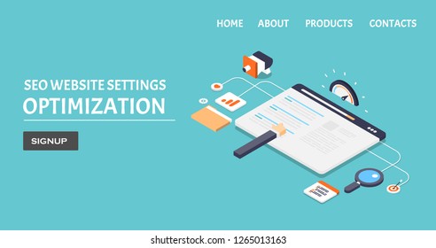 Website SEO settings, Search optimization, Search result algorithm, flat design 3D isometric vector template
