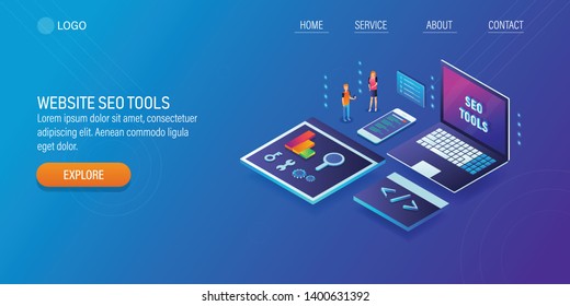 Website seo tool, SEO performance analysis, Competitor analytics, 3D, isometric vector banner with characters and icons