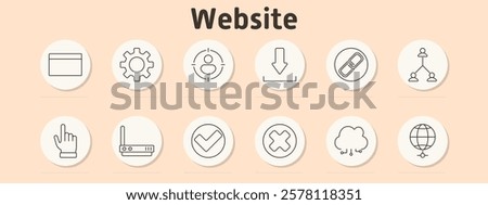 Website set icon. Browser window, settings gear, user targeting, download, link, hierarchy chart, hand pointer, router, approval checkmark, cancel cross, cloud, global