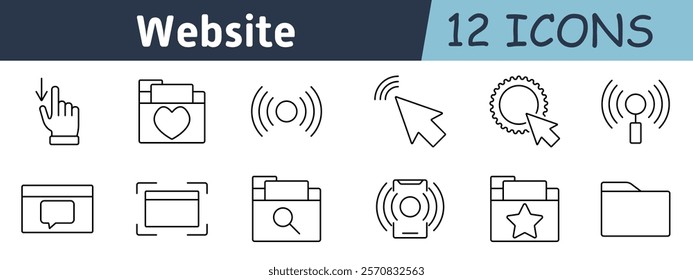 Website set icon. Click action, favorite folder, Wi-Fi signal, pointer, gear settings, search antenna, comment box, screen preview, folder search, smartphone notification, starred folder, open folder