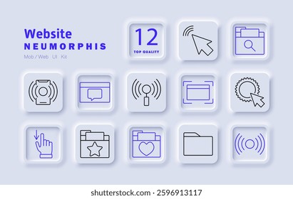 Website set icon. Click pointer, web search, folder management, bookmark, wireless connectivity, settings adjustment, digital communication, notification, responsive design