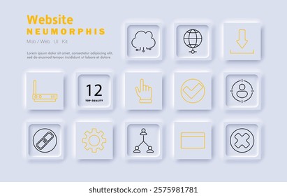 Website set icon. Cloud computing, global network, downloading, Wi-Fi, link connection, settings, user profile, system check, online tools, page layout