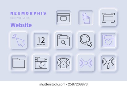 Website set icon. Cursor, chat bubble, hand gesture, full-screen mode, folder, search, settings, favorite pages, wireless signal, data management, interaction, UI elements