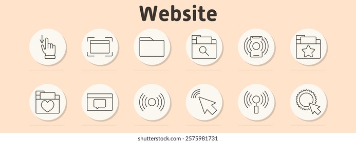 Website set icon. Hand gesture, framed window, folder, file search, notifications, favorite folder, heart folder, comment box, wireless signal, cursor click, verification