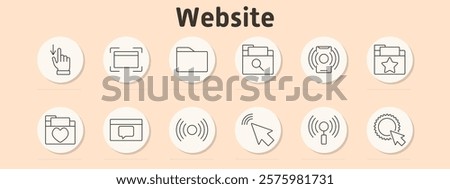 Website set icon. Hand gesture, framed window, folder, file search, notifications, favorite folder, heart folder, comment box, wireless signal, cursor click, verification