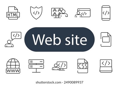 Symbol "Website festlegen". HTML, Shield, Codierung, mobil, Entwickler, CSS, Server, online, Sicherheit, Programmierung, Browser, www, meeting, digital, code, Internet, Schnittstelle, Design, Webseite, Technologie.