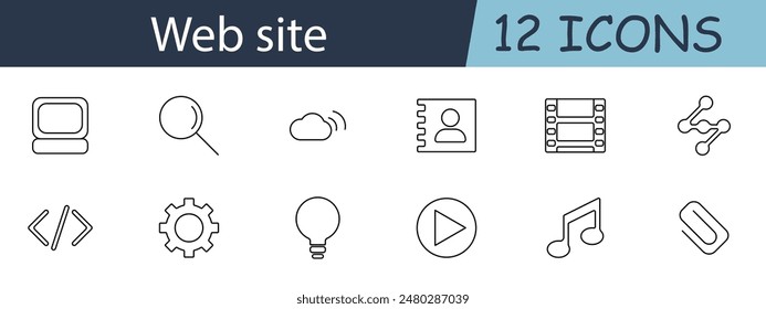 Icono de conjunto de Sitios web. Incluye símbolos para búsqueda, nube, usuario y medios. Perfecto para conceptos de Diseño web, desarrollo y servicios en línea. Icono de línea de Vector sobre fondo blanco.