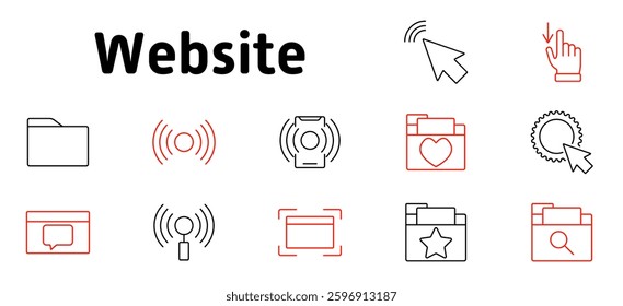 Website set icon. Navigation, internet browsing, user interaction, file management, wireless connectivity, bookmarks, online communication, accessibility, web design