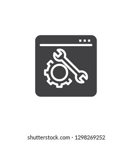 Website settings configuration vector icon. filled flat sign for mobile concept and web design. Webpage with wrench and gear simple solid icon. Symbol, logo illustration. Pixel perfect vector graphics