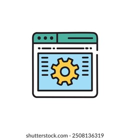 Website settings and customization icon. Illustration of a website browser window with a gear icon, representing settings and customization options.