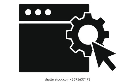 A website settings icon isolated on a white background, featuring a browser window, gear, and cursor. Perfect for web development, configuration, and online interface designs.