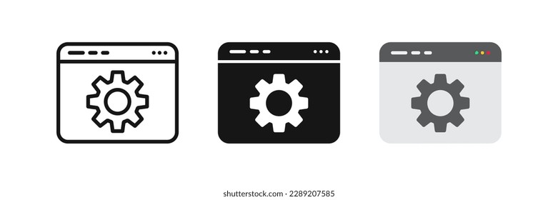 Website settings icon. Software setting symbol. Application update signs. System cogwheel symbols. Web technology icons. Black, flat color. Vector isolated sign.
