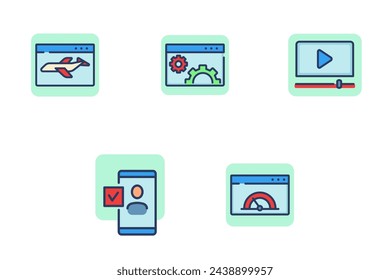 Website settings line icon set. Speed indicator, online booking, social network profile, video player. Web concept. Can be used for topics like mobile app, UI design, social media, dashboard
