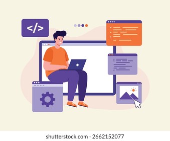 Website setup concept for landing page. Man working as programmer, Writing code using laptop, Website developer, Coding software on computer screen flat illustration vector template