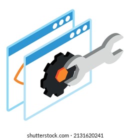 Website setup icon isometric vector. Web page with wrench, turning black gear. Creation, development and setup internet site, digital marketing