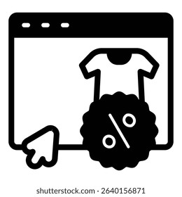 Website with shirt and discount solid icon, black friday concept. Vector graphics. Product landing page and mouse cursor sign on white background, style mobile or design