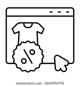 Website with shirt and discount thin line icon, black friday concept. Vector graphics. Product landing page and mouse cursor sign on white background, style mobile or design