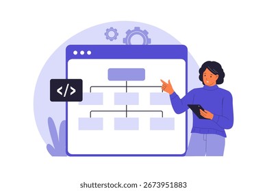Website Sitemap and SEO Structure Illustration. A Professional Planning the Sitemaps and Architecture to Improve Website Navigation and Search Engine Crawling. Vector Flat Illustration