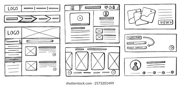 Website sketch. Hand drawn wireframe UI UX nuttins mockup of web page layout, UI elements and buttons, UX wireframed design prototype. Vector isolated set.