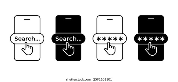 Website smartphone icon vector set. Search button with pointer clicking symbol