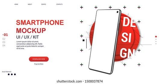 Website and Smartphone mockup. Template for advertising or page to the site, marketing, presentation. Smartphone frame, blank screen, rotated position. Mobile, cell phone. Vector gadget mockup